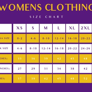 May include: A purple and yellow size chart for women's clothing. The chart shows sizes from XS to 3XL, with corresponding measurements in US and UK sizes, bust, waist, and hip in inches.