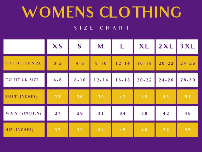 May include: A purple and yellow size chart for women's clothing. The chart shows sizes from XS to 3XL, with corresponding measurements in US and UK sizes, bust, waist, and hip in inches.