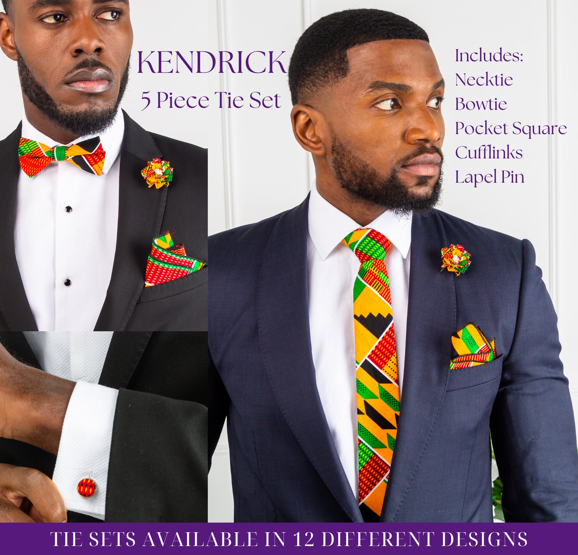 Set Accessori Uomo Kente: Cravatta Slim, Fiocco E Pochette Coordinate – Multicolore