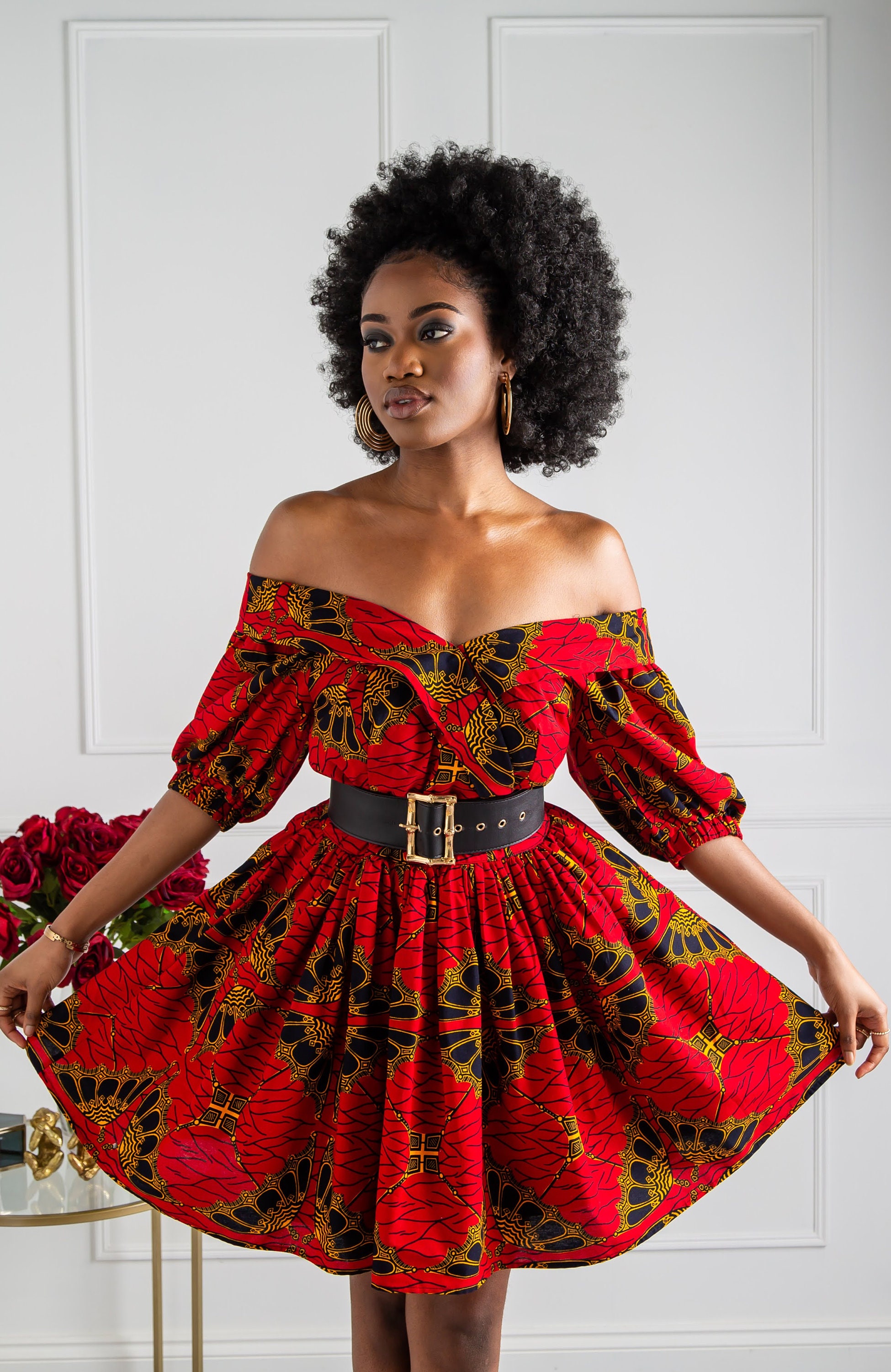 aniyah african ankara frilled shoulder knee length dress African Print Ankara Midi Knee Length Dress, African Clothing, African Print Dress, Ankara Dress, off Shoulder Fit and Flare Dress - KENYA