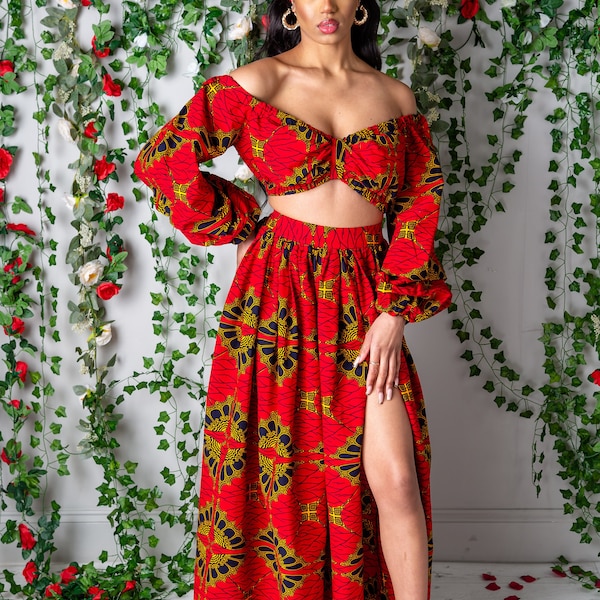 African Print Long Skirt, Beautiful Skirt & Crop Top set, African Ankara Wax Print, Maxi Skirt, African Print Red Gold Skirt set - CORDELIA