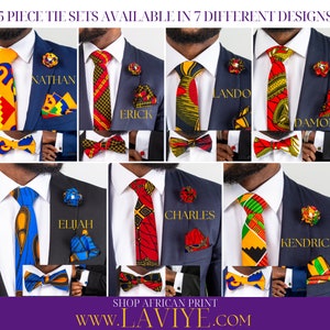 Christmas Gift for him, African Mens Kente Ankara Necktie, Bow Tie, Cufflinks, Pocket Square, Lapel Pin 5 piece Set, Wedding Groom Groomsmen