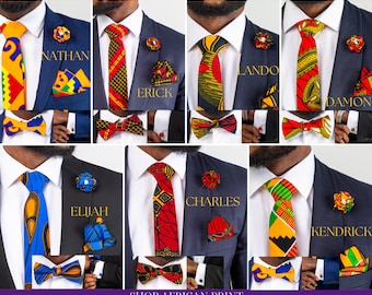 African Print Mens Kente Ankara Matching Necktie Pocket Square Flower Pin Cufflinks Bow Tie 5 Pieces Set Father's Day Groom Wedding 7 colors