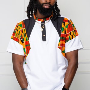 African Kente Print Polo Shirt for Men Short Sleeve Asymmetric Grandad collar 100% Wax cotton Ankara White Button Down Casual Shirt wedding
