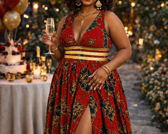 African Print Long Dress, Ankara African Fashion Womens Dress, Deep V Neck Maxi Dress With Waist Band, Red Ankara Plunge Neckline - CORDELIA