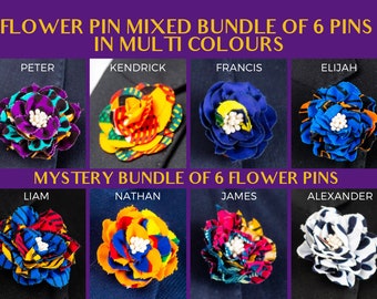 African Print Mens Boutonniere Wedding Brooch Ankara Suit Floral Lapel Stick Pin Corsage Buttonhole MULTIBIY MIXED BUNDLE of 6 Flower Pins