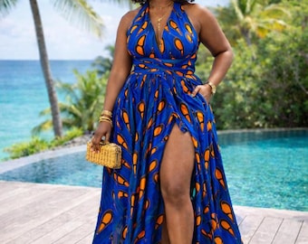african maxi dresses amazon Hyujoda Womens Casual Loose African Print Dress Sexy Elegant Long Sleeve Off The Shoulder Bowknot Sides Slit Beach Party Maxi Dresses S at Amazon Women's Clothing store