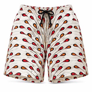 May include: White shorts featuring a colourful pattern of red and orange teardrop shapes. The shorts have a drawstring waist and a black drawstring. These shorts are a summer clothing item.