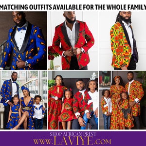 May include: Matching outfits for the whole family. The image showcases a variety of African print blazers and dresses in vibrant colors and patterns. The outfits are modeled by men, women, and children, with the website address www.LAVIYE.com at the bottom.