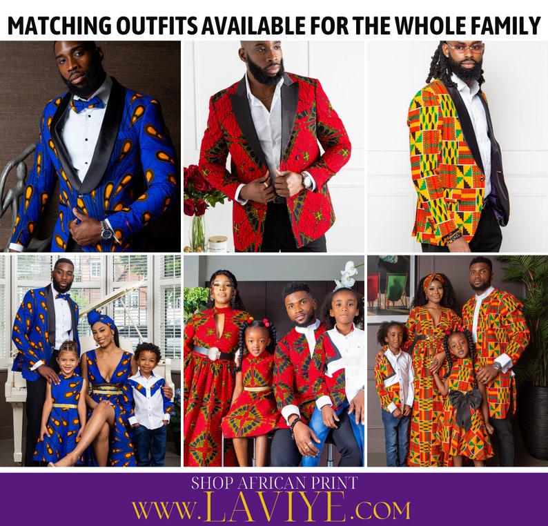 May include: Matching outfits for the whole family. The image showcases a variety of African print blazers and dresses in vibrant colors and patterns. The outfits are modeled by men, women, and children, with the website address www.LAVIYE.com at the bottom.