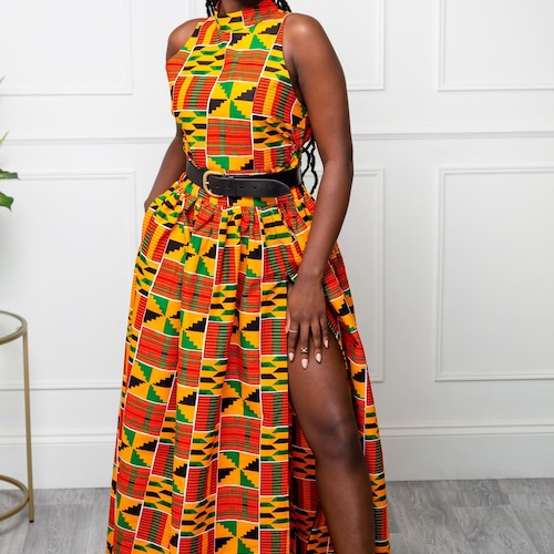 African Dress for Women | Kente High Neck Dress, African fashion Wear, Trendy African Dresses, Beautiful African fashion Wear - KENYA