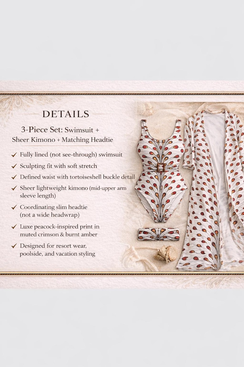 May include: A three-piece swimsuit set comprising a swimsuit, a sheer kimono, and a matching headtie. The set features a peacock-inspired print in crimson and amber. The swimsuit has a tortoiseshell buckle detail.