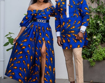 African Ankara maxi length dress, African clothing,  Blue African Wax Surplice Off Shoulder Wrap effect Dress with Balloon Sleeves - ELLA