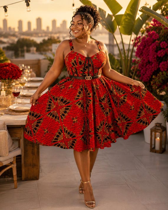 African Print Knee Length Dress, Ankara Fit & Flare Corset Midi Dress, Short Summer Dress, African Print Sleeveless Dress - CORDELIA
