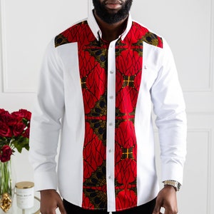 Ankara African Print Shirt, Mens Formal white & red Long Sleeve Shirt, Button Down Stripe panel Shirt, Top For Men - CHARLES