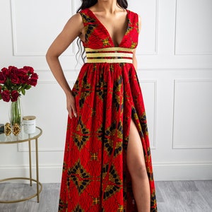 African Print Long Dress, Ankara African Fashion Womens Dress, Deep V Neck Maxi Dress With Waist Band, Red Ankara Plunge Neckline - CORDELIA