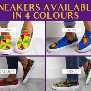 May include: Image of four pairs of slip-on sneakers in different colors: Kumasi, Enugu, Calabar, and Aisha. Each pair features a unique patterned fabric upper, black accents, and white soles. The text at the top reads "SNEAKERS AVAILABLE IN 4 COLOURS."