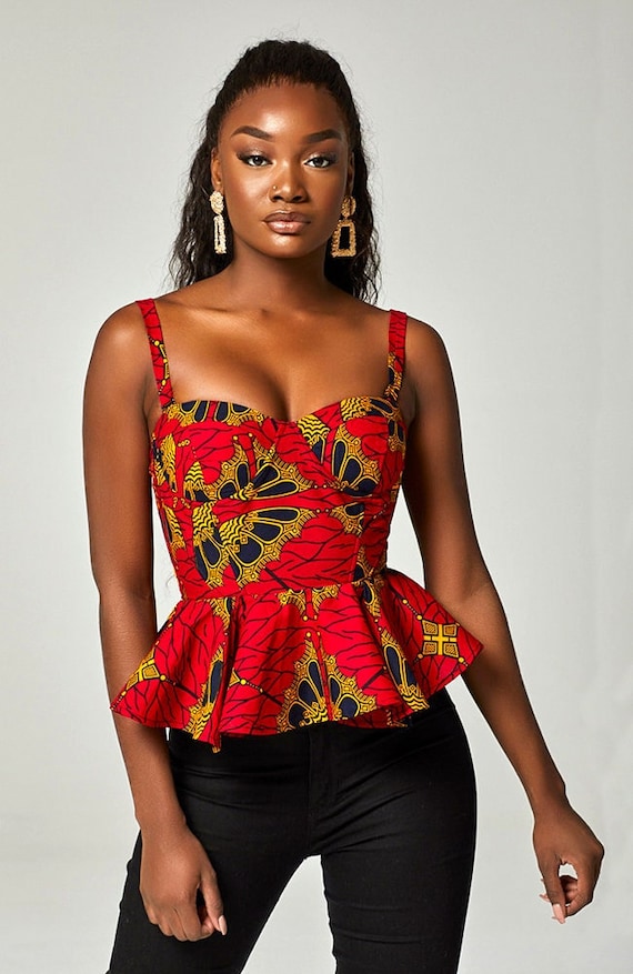 Afrikanisches Druck-Korsett-Oberteil, ärmellose Schößchen-Bluse  afrikanische Kleidung, Abnehmbare Träger afrikanische Druck-Bluse, Sexy  rotes Ankara-Oberteil Cordelia - .de