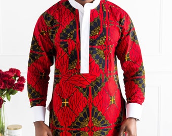 Ankara African Print Red Etibo Style Shirt, Mens Casual Long Sleeve Shirt, African 100% Cotton Top For Men, Wedding, Prom - CHARLES