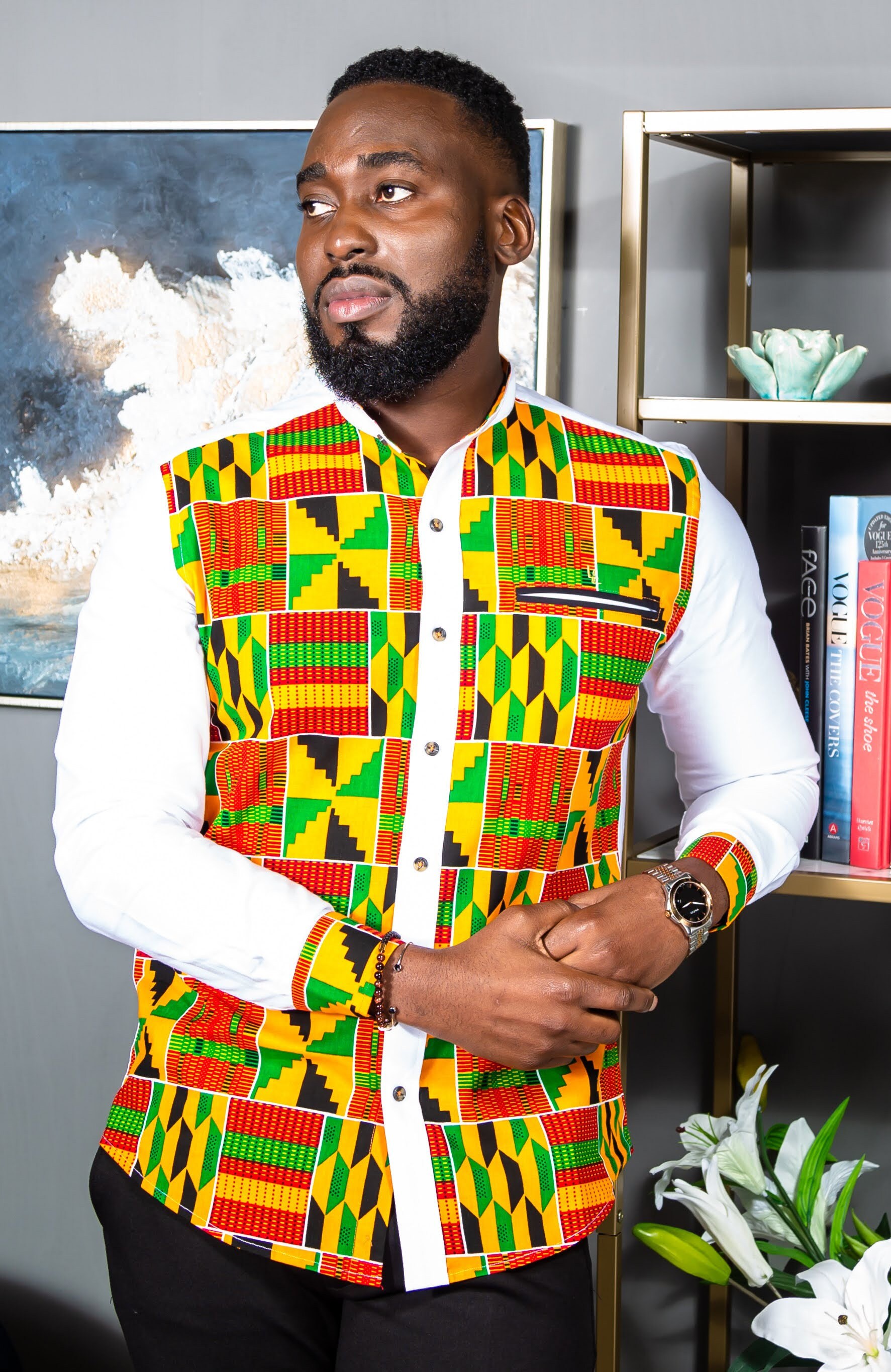 Image of Mens African Print Clothing, Ankara Casual Shirt, Grandad Collar Long Sleeve Patch Button Down Shirt - Kendrick