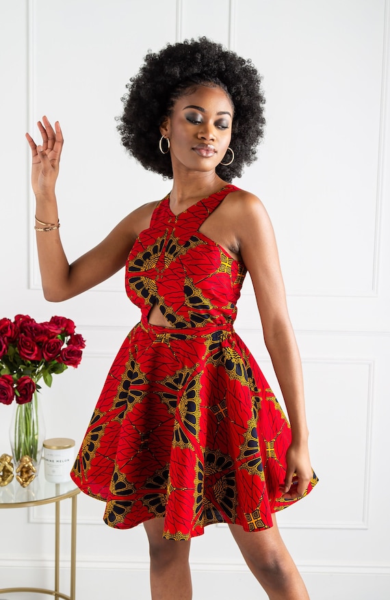 African Print Cross Front Dress, African Women's Mini Length Fit & Flare  Dress, Ankara Women Clothing, Cross Front , Skater Dress CORDELIA 