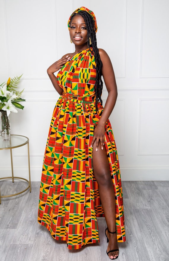 Women's Multiway Infinity African Print Maxi Dress Kente Orange