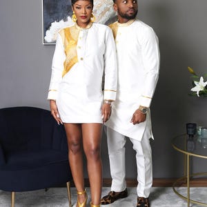Couple White Embroidered African Kaftan & Trouser Set – Traditional Long Sleeve Two Piece Outfit – Elegant Wedding Cultural Party Wear image 3