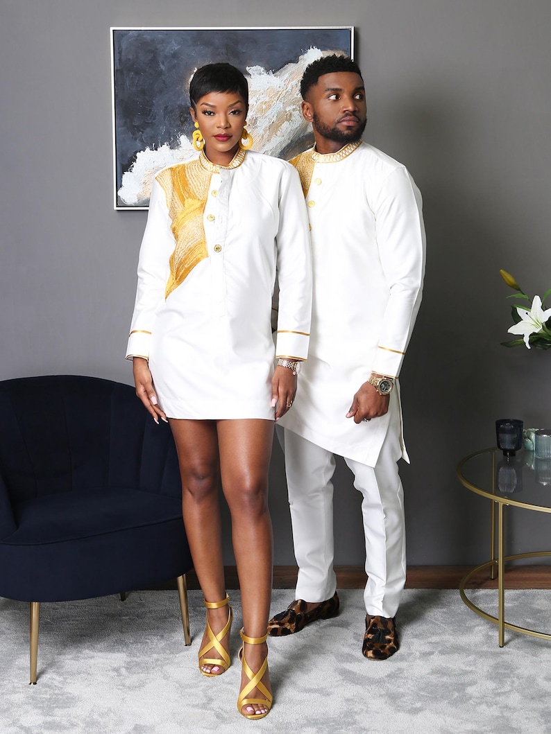 Couple White Embroidered African Kaftan & Trouser Set – Traditional Long Sleeve Two Piece Outfit – Elegant Wedding Cultural Party Wear image 3