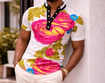 African  Print Shirts for Men, Ankara shirt for men, Grandad Collar Floral Shirt, African Print Men's White Top, White Polo Shirt - Thomas