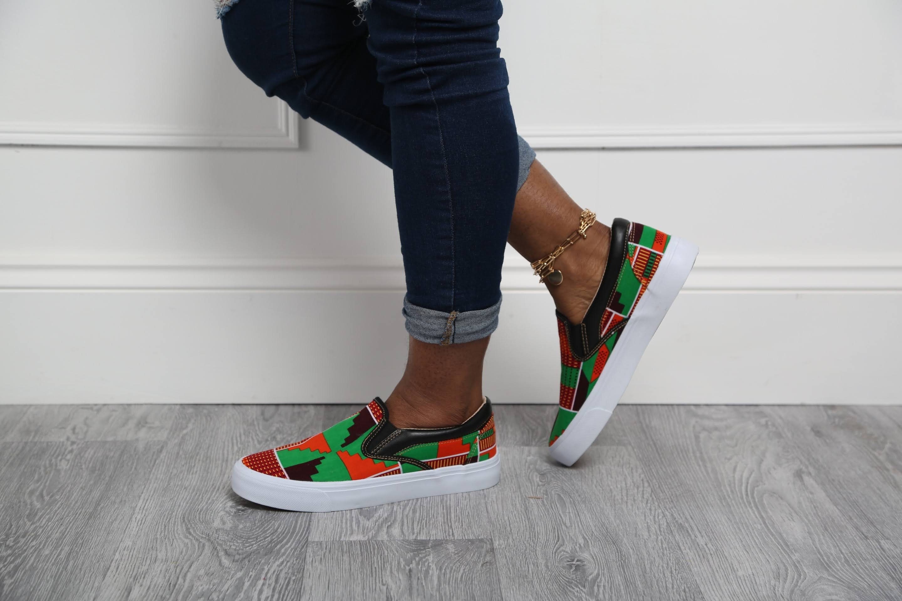 Men's African Print Lightweight Slip-On Sneakers Casual Vans Trainers Ankara Kente Unisex Athletic Fashion Shoes Flats Pumps Orange Kumasi