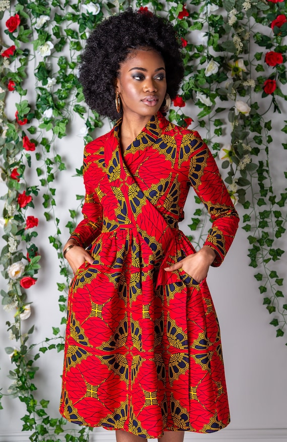 African Ankara Midi Knee Length Dress, African Clothing, African Print  Dress Blue African Wax Shawl Collar Fit and Flare Wrap Dress ELLA - Etsy