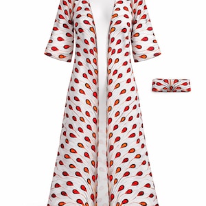 May include: A white, open-front duster coat and matching clutch with a repeating pattern of red and orange teardrop shapes. The duster has short sleeves and a floor-length design, ideal for layering.