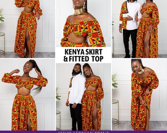 African Kente Print Skirt Set for Women Ankara Long Maxi High Waist skirt & crop top Dashiki Orange Wax Cotton Fabric Matching Outfits Kenya