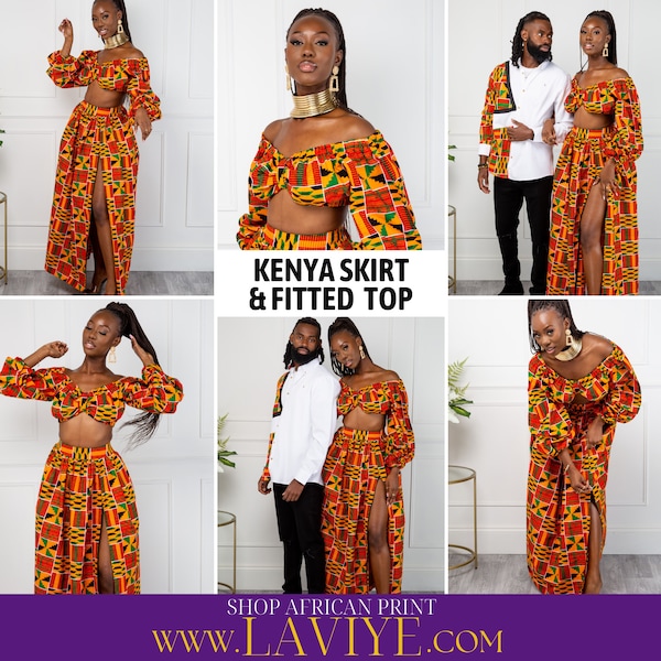 African Kente Print Skirt Set for Women Ankara Long Maxi High Waist skirt & crop top Dashiki Orange Wax Cotton Fabric Matching Outfits Kenya