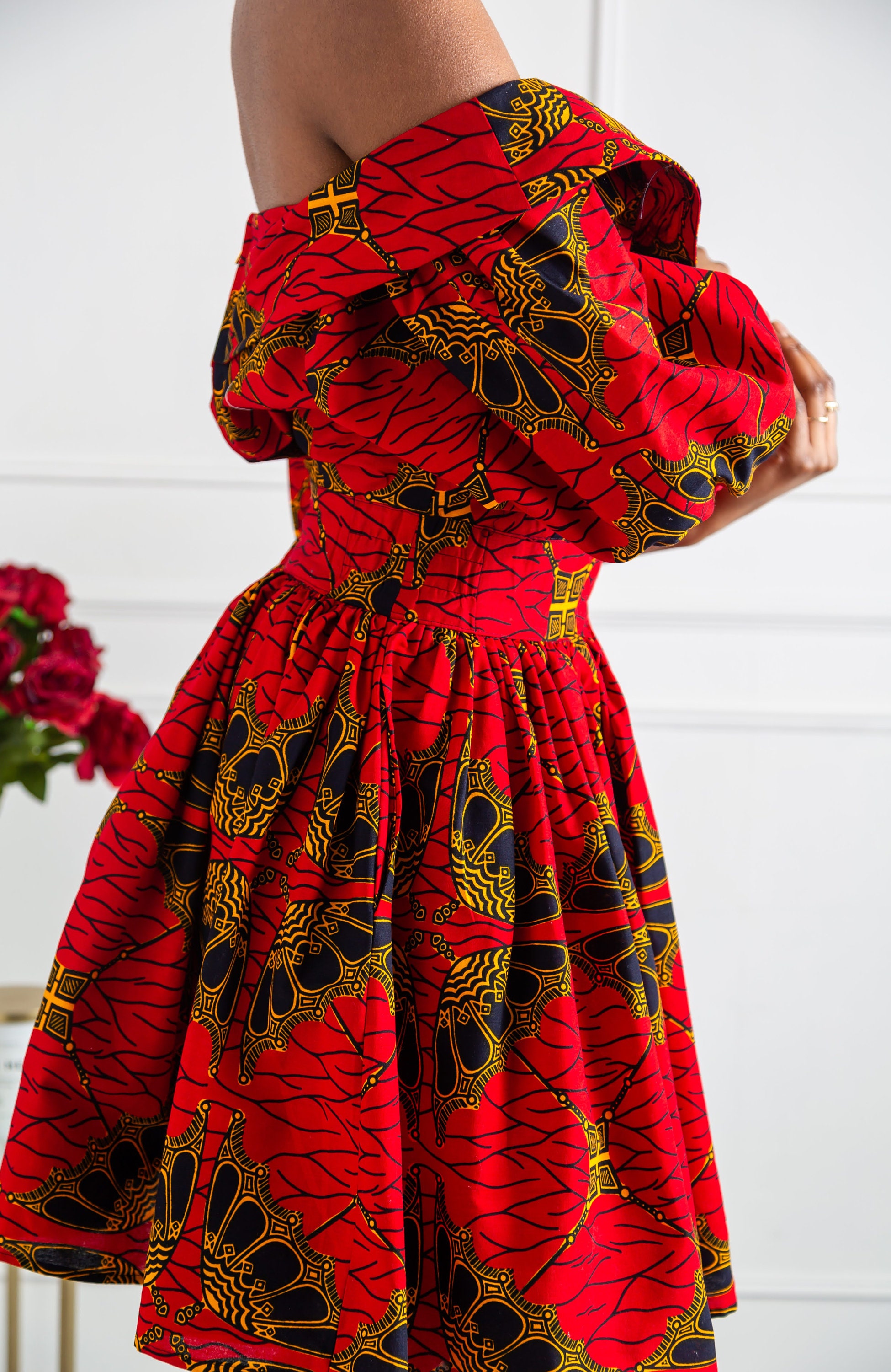 aniyah african ankara frilled shoulder knee length dress Knee Length Gathered Ankara Dress Aniyah African Ankara Frilled Shoulder  Knee Length Dress