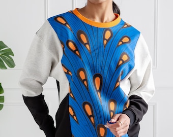 Women's Ankara Kente Crew Neck African Print Sweatshirt V Block, Unisex Loungewear, Sportswear, Sports clothing, Casual - ENUGU