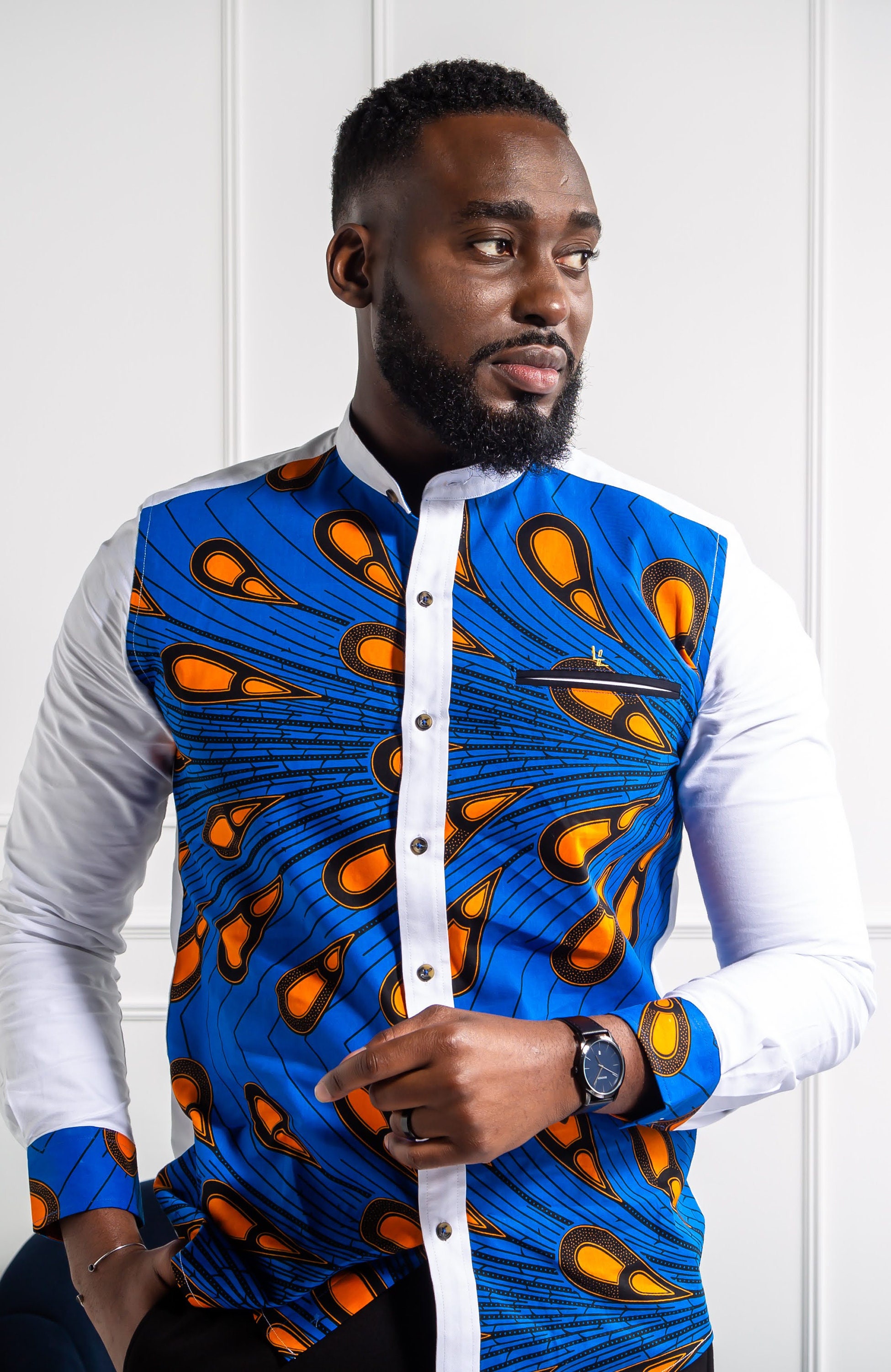 Image of Mens African Print Clothing, Dashiki Casual Shirt, Grandad Collar Long Sleeve Patch Button Down Shirt - Elijah