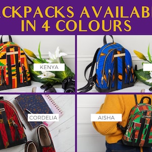 May include: Image of four colorful backpacks with the text "BACKPACKS AVAILABLE IN 4 COLOURS". The backpacks are in the colors of green, red, blue, and yellow. Each backpack has a black leather base and gold zippers.