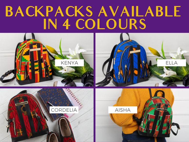 May include: Image of four colorful backpacks with the text "BACKPACKS AVAILABLE IN 4 COLOURS". The backpacks are in the colors of green, red, blue, and yellow. Each backpack has a black leather base and gold zippers.