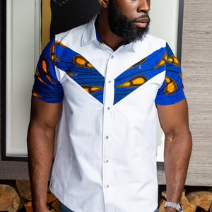 Short Sleeve Shirt for Men, African Men&#39;s Fashion, 100% African Wax Fabric White Button Down Casual Shirt, African Print V-Shaped - ELIJAH
