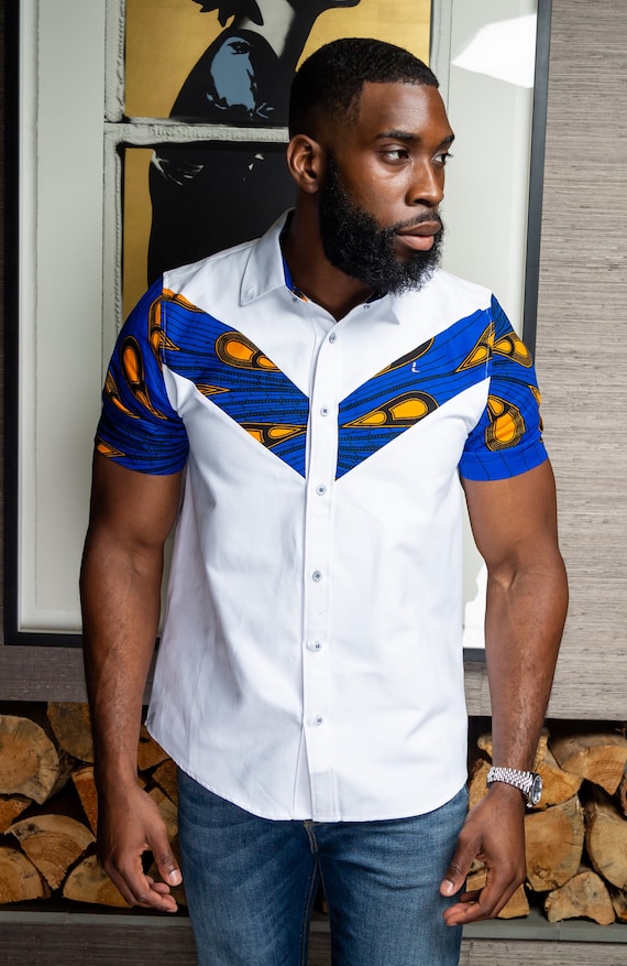 Short Sleeve Shirt for Men, African Men's Fashion, 100% African Wax Fabric  White Button Down Casual Shirt, African Print V-shaped ELIJAH 