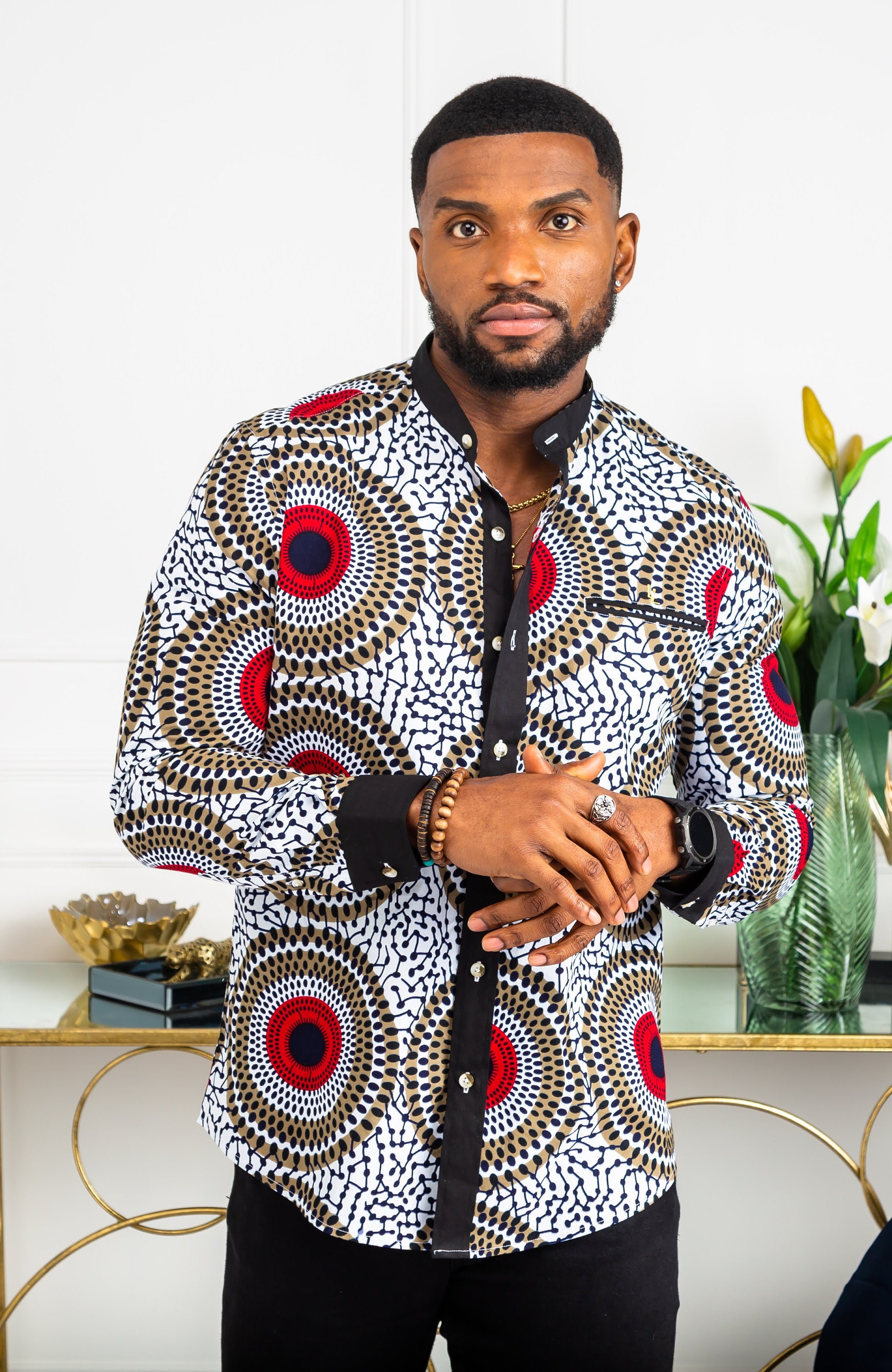 Image of African Men's Fashion, Ankara Casual Shirt Shirt, Print Grandad Collar Long Sleeve Slim Fit Button Down - David