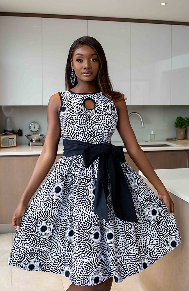 Image of African Midi Dress, Print Dress, Statement Belt, Elegant Key Hole Online Dress Women, Women - Alexandra