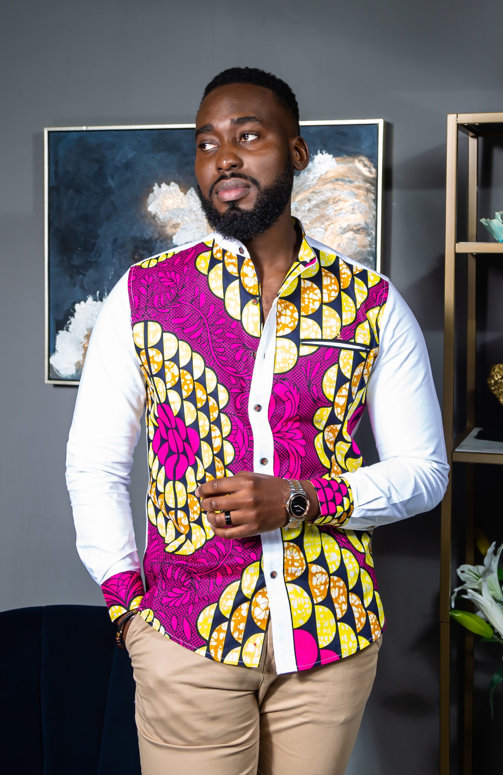 Image of African Men's Fashion, Dashiki Casual Shirt, Print Grandad Collar Long Sleeve Patch Button Down Shirt - Robert