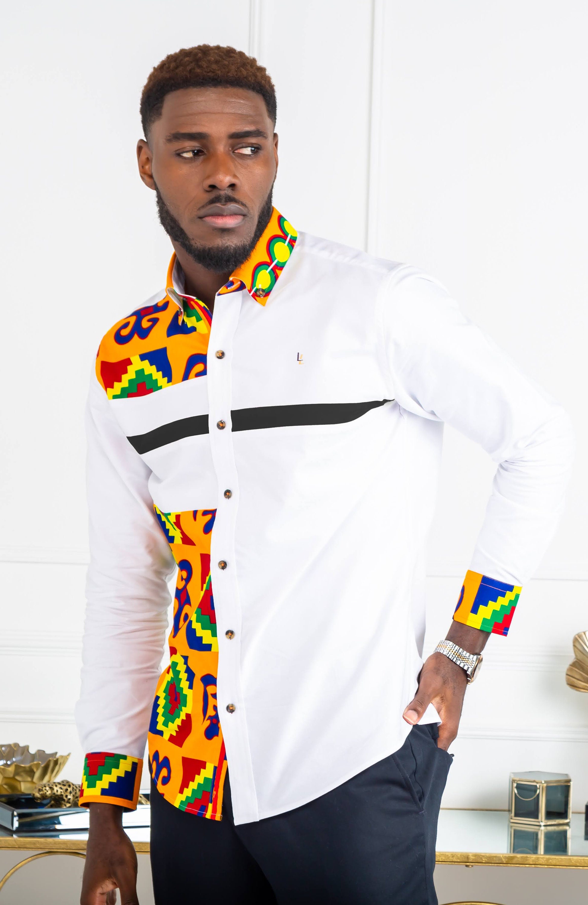 Image of African Styles Clothing, Men's Fashion, Print Skinny Fit Strip Button Down Shirt - Nathan