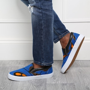 Men&#39;s African Print Lightweight Slip-on Sneakers Casual Vans Trainers Ankara Kente Unisex Athletic Fashion Shoes Flats Pumps Blue ENUGU