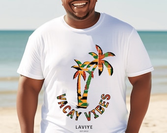 Mens African Print White Vacay Vibes Graphic T-Shirt Unisex Cotton Short Sleeve Classic Tee Kente Matching Family Women Adult Kids Ankara