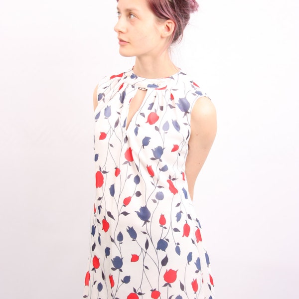 vintage SPRING: floral dress from white vintage fabric with red and blue flowers