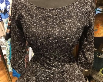 1950s Sparkly Lace Party Dress, Full Skirt, Shawl Collar ( 36” bust)