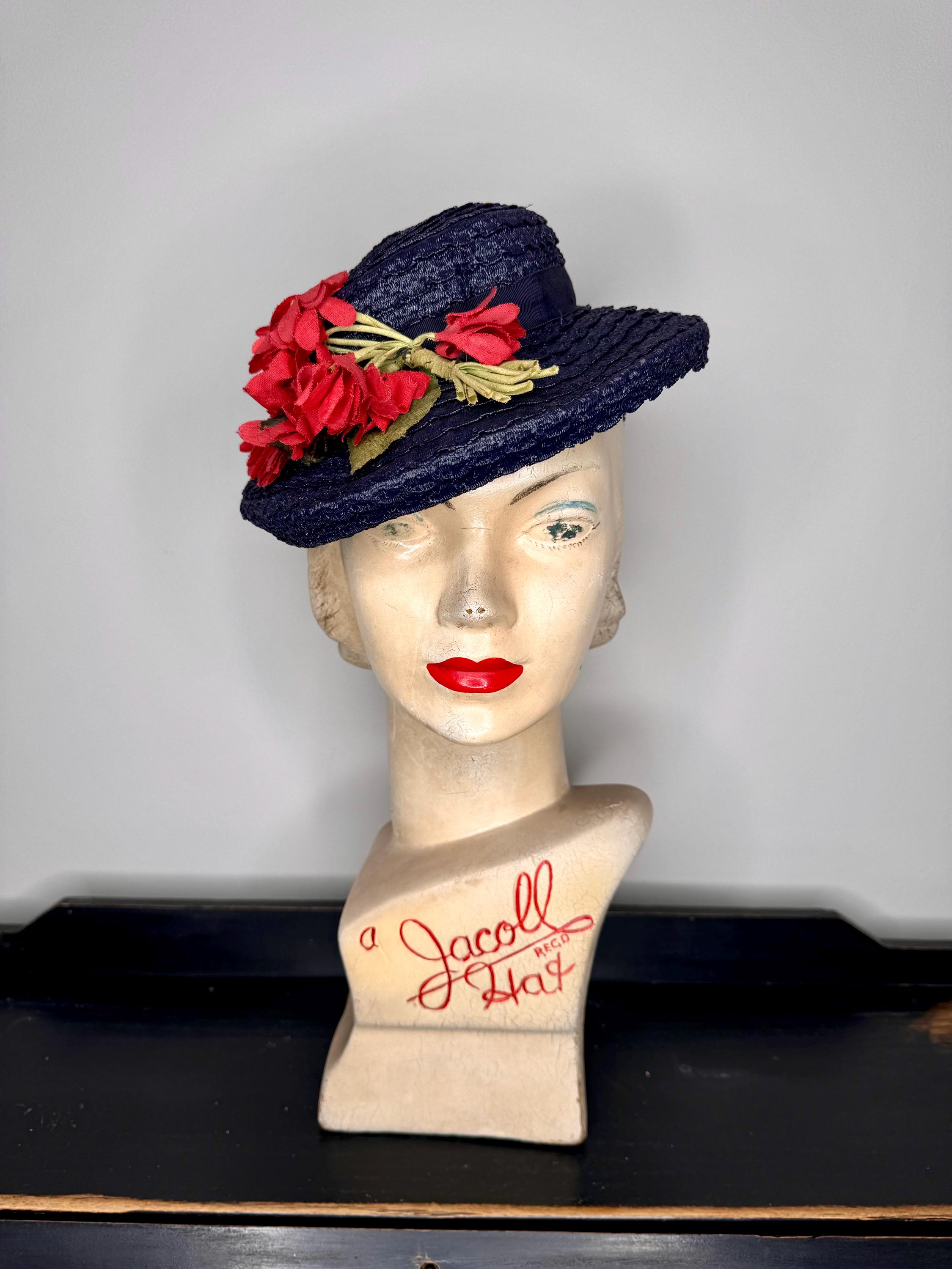 ADORABLE 1940s\' BLACK TILT STRAW TOQUE WITH FUCHSIA FABRIC FLOWERS & STEMS P1210695__69493.1753301832.JPG?c=2 main image 2